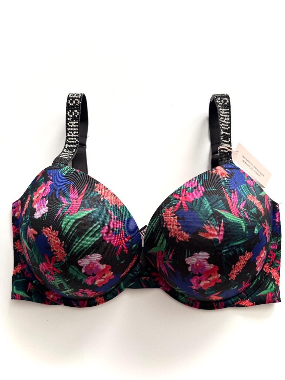 Victoria's Secret Bra Logo Shine Strap Very Sexy Push Up Floral Underwire 34DDD
